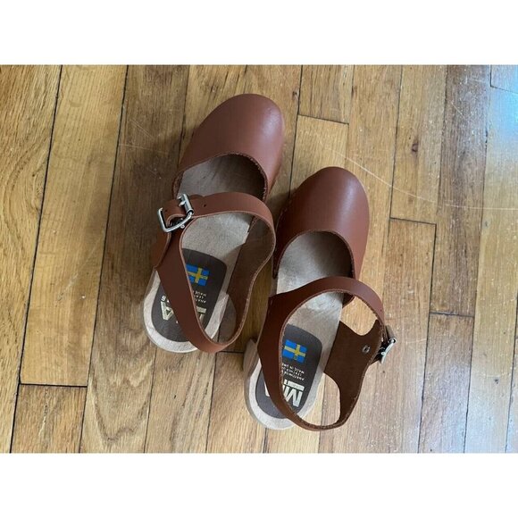 MIA Abba Summer Wooden Clog Sandals Sweden Size 38 Luggage Brown Leather - Picture 6 of 15